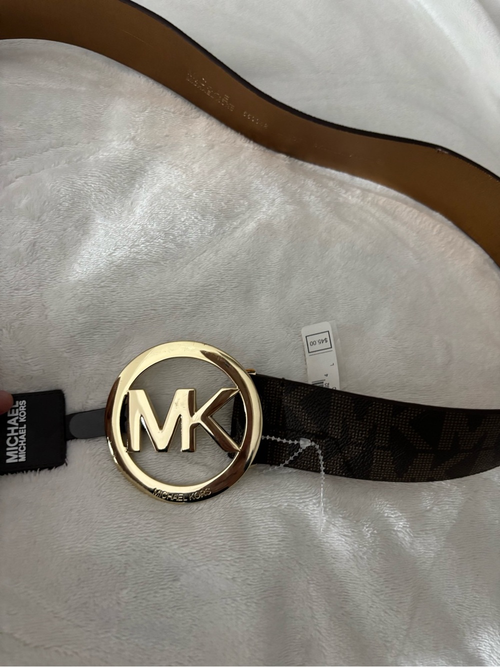 Michael Kors Brown Logo Strap Belt with Gold MK Circle Buckle